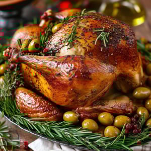 A beautifully roasted Thanksgiving turkey stuffed with olives, fresh herbs, and seasoned with extra virgin olive oil-1