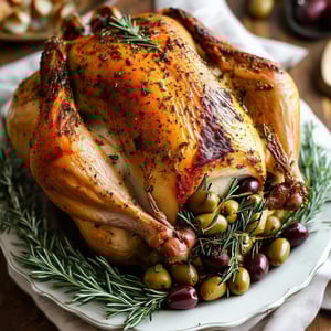 A beautifully roasted Thanksgiving turkey stuffed with olives, fresh herbs, and seasoned with extra virgin olive oil