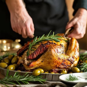An olivestuffed turkey being prepared with fresh herbs and extra virgin olive oil for a healthy holiday meal-1