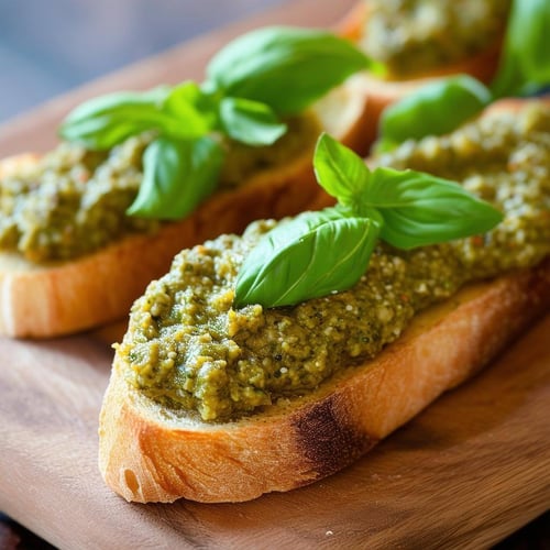 Fresh Basil Olive Pesto Crostini