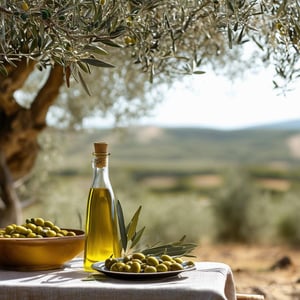 table with a bottle of olive oil and olives on a plate under an Olive tree