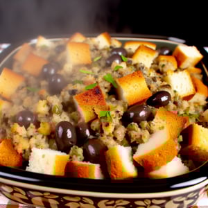 A mouthwatering dish of Thanksgiving stuffing with