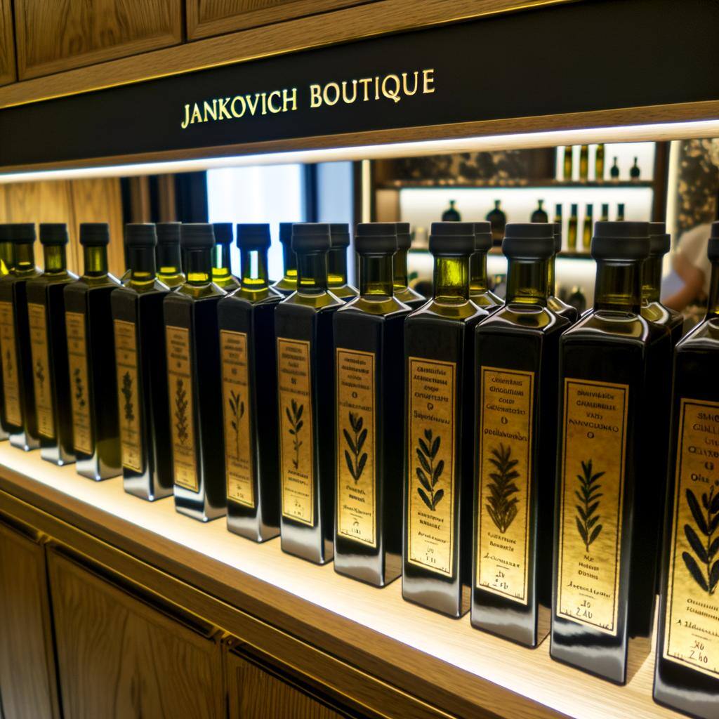 An array of single cultivar olive oils displayed in an elegant boutique setting. The bottles made of dark glass to keep the oil fresh are lined on wooden shelves, each boasting a unique label design showcasing the specific olive variety, origin, and tasting notes. The boutique, named 'Jankovich Boutique', has a lavish interior design with warm ambient lighting illuminating the olive oil selection, complementing the aesthetic of the surrounding sophisticated décor.