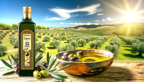 An image bathed in warm sunlight showcases a verdant olive grove sprawling across undulating hills. The grove is filled with lush green olive trees la